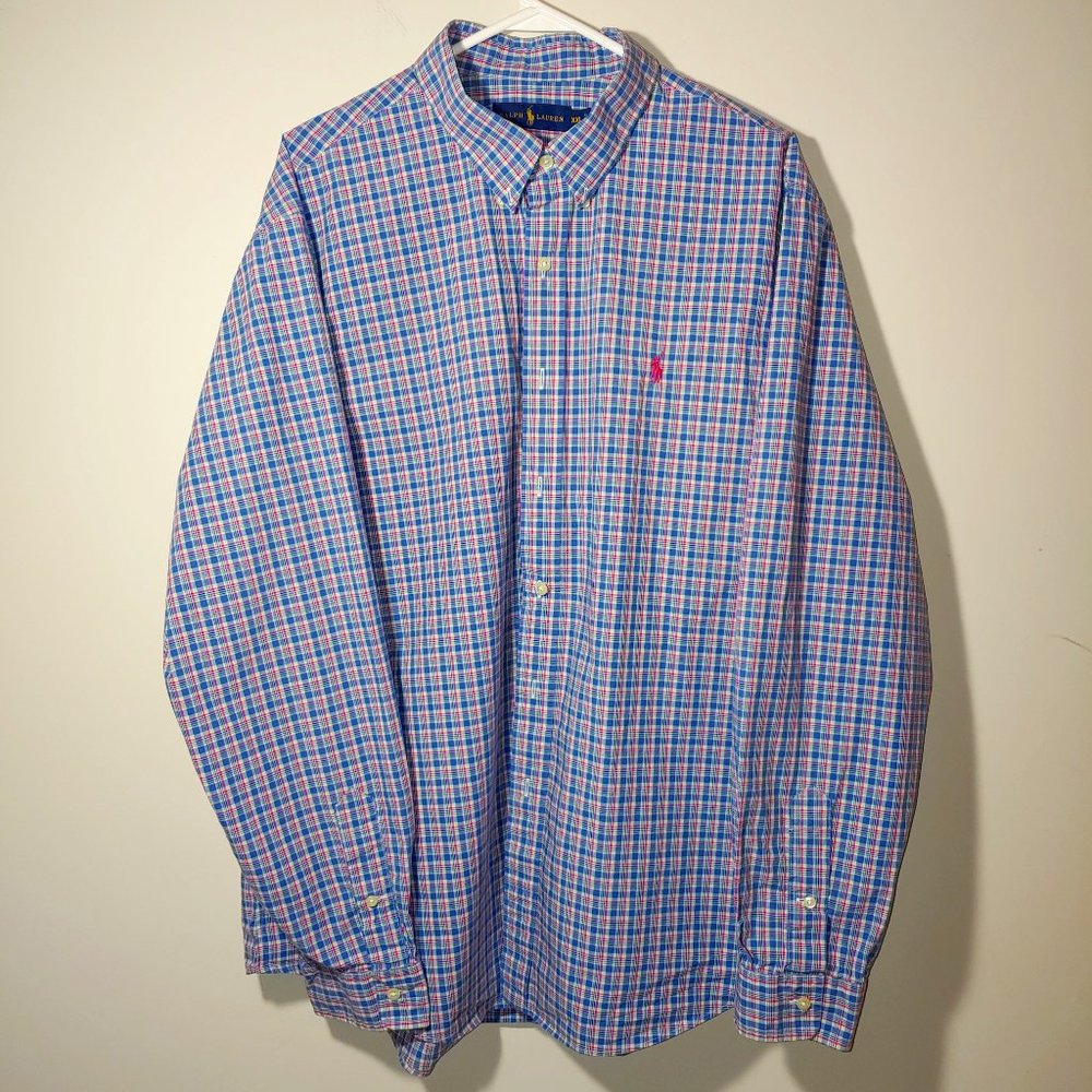 Ralph Lauren Button Down Long Sleeve Embroidered Shirt Size XXL Blue Pink